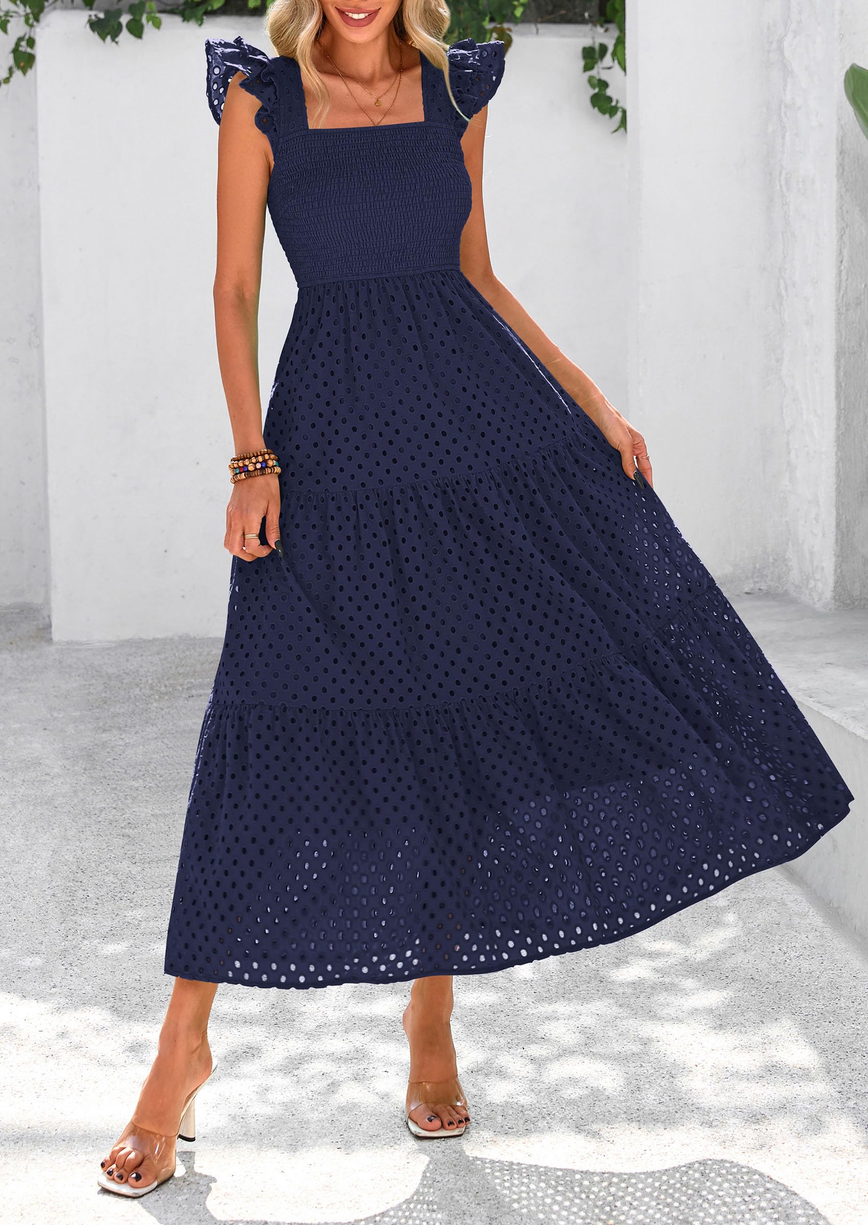 PRETTYGARDEN Womens Square Neck Maxi Dresses Cap Sleeve Eyelet Smocked Tiered A Line Flowy Long Dress with Pockets