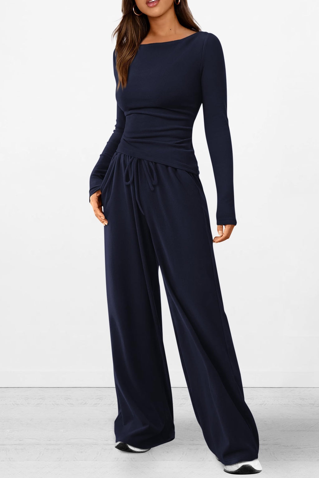 PRETTYGARDEN Women's 2 Piece Lounge Sets Asymmetrical Long Sleeve T Shirt Wide Leg Pants Casual Outfits Tracksuit