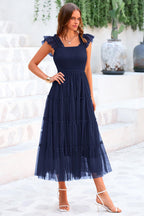 PRETTYGARDEN Women's Tulle Midi Dress Sleeveless Smocked Ruffle Mesh Flowy Dresses Party Wedding Guest Sundress