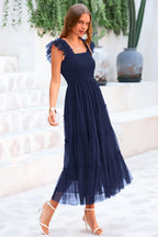 PRETTYGARDEN Women's Tulle Midi Dress Sleeveless Smocked Ruffle Mesh Flowy Dresses Party Wedding Guest Sundress