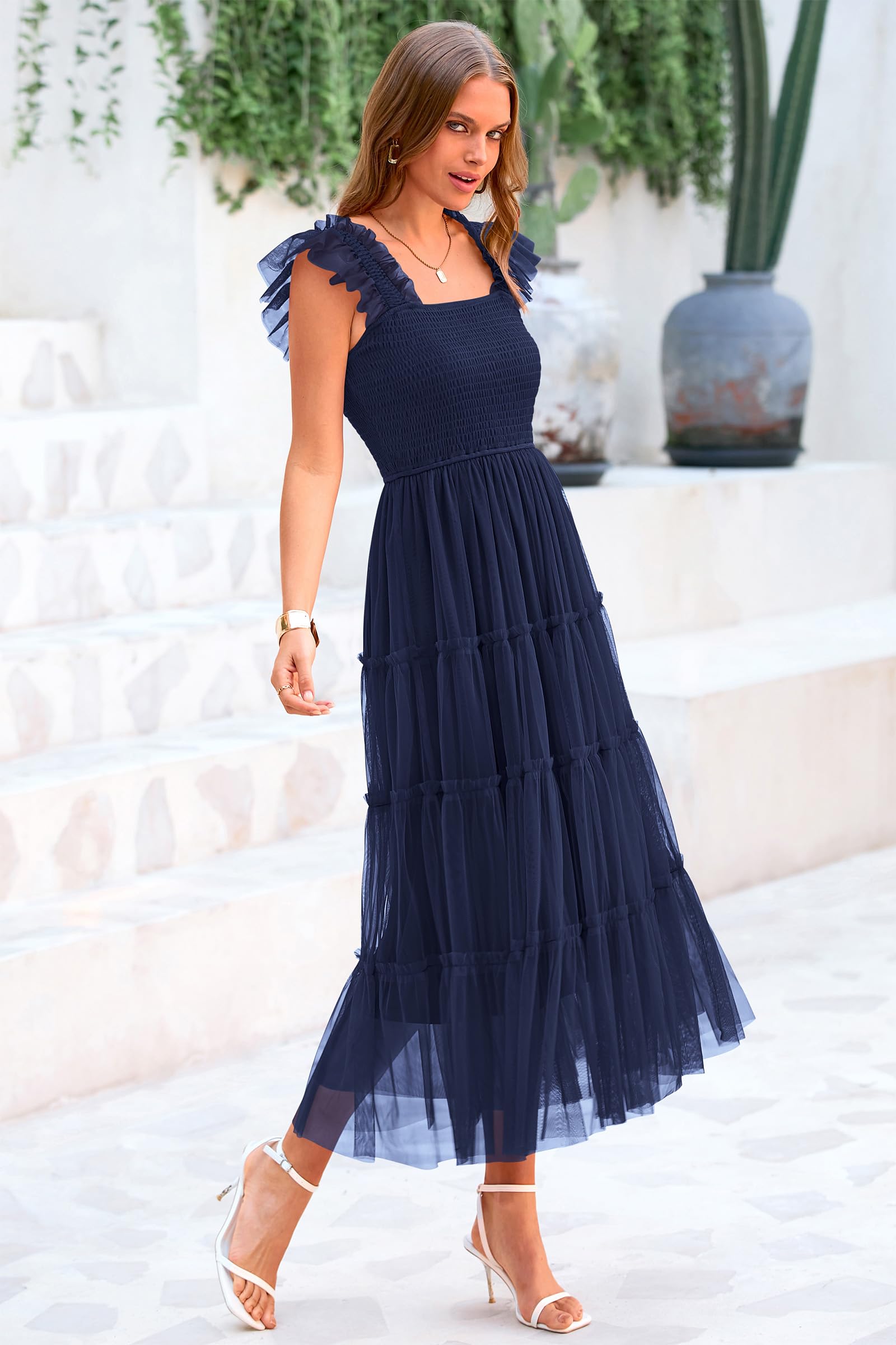 PRETTYGARDEN Women's Tulle Midi Dress Sleeveless Smocked Ruffle Mesh Flowy Dresses Party Wedding Guest Sundress