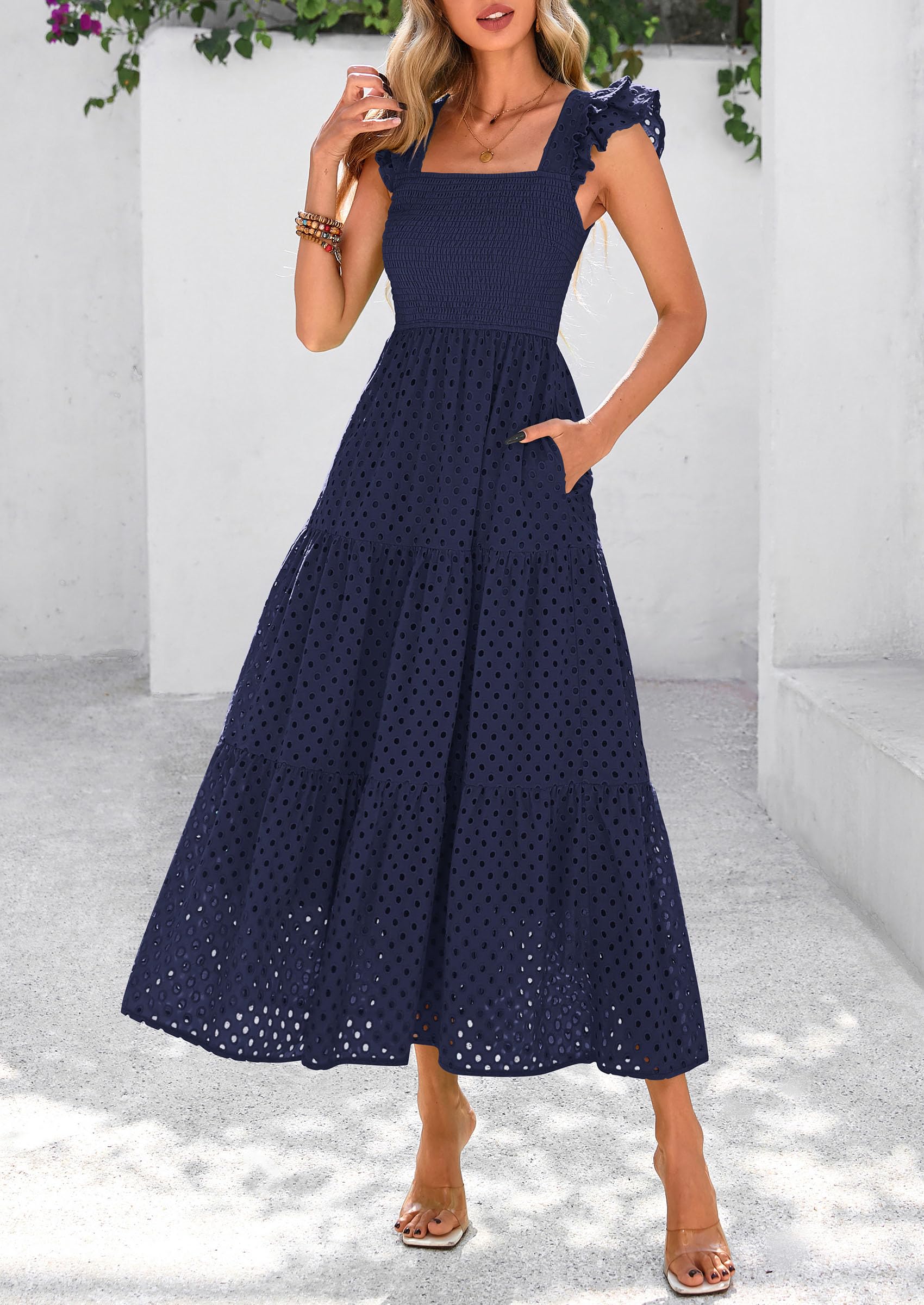 PRETTYGARDEN Womens Square Neck Maxi Dresses Cap Sleeve Eyelet Smocked Tiered A Line Flowy Long Dress with Pockets
