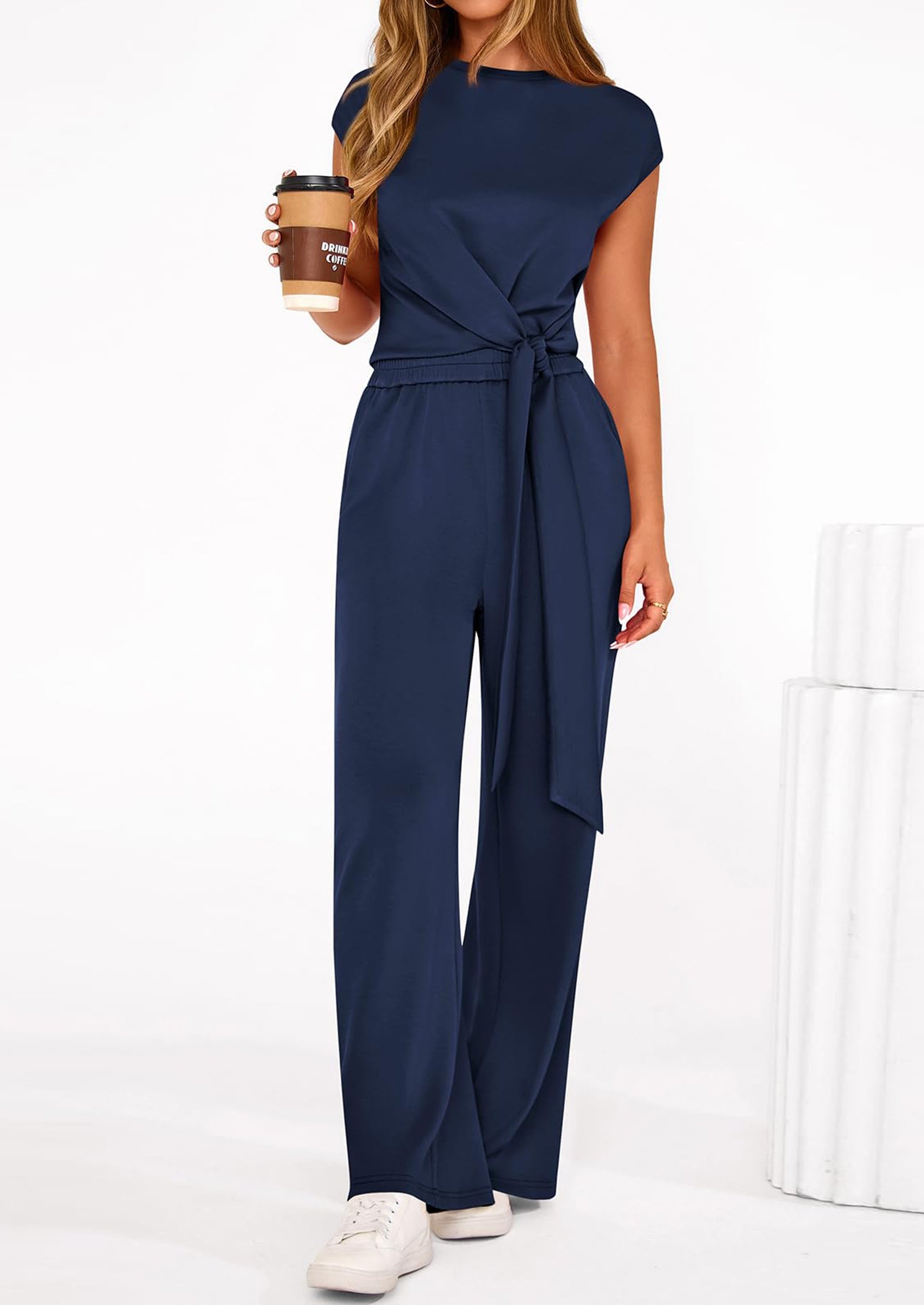 PRETTYGARDEN 2 Piece Matching Lounge Sets For Women Summer Short Sleeve Tie Front Crop Tops Casual Wide Leg Pants Tracksuit