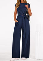 PRETTYGARDEN 2 Piece Matching Lounge Sets For Women Summer Short Sleeve Tie Front Crop Tops Casual Wide Leg Pants Tracksuit