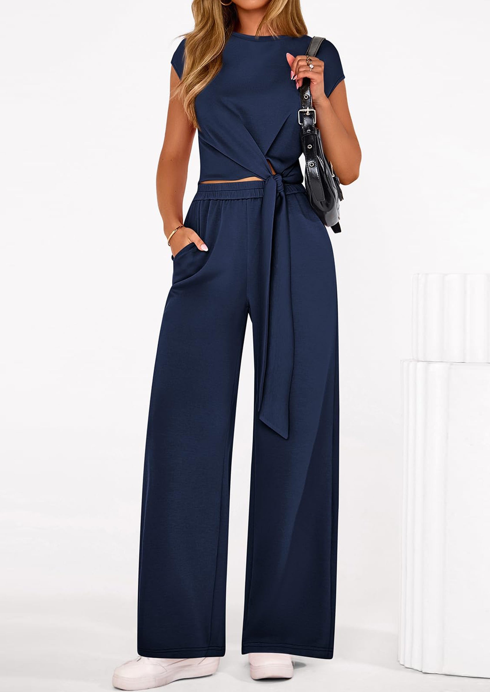 PRETTYGARDEN 2 Piece Matching Lounge Sets For Women Summer Short Sleeve Tie Front Crop Tops Casual Wide Leg Pants Tracksuit