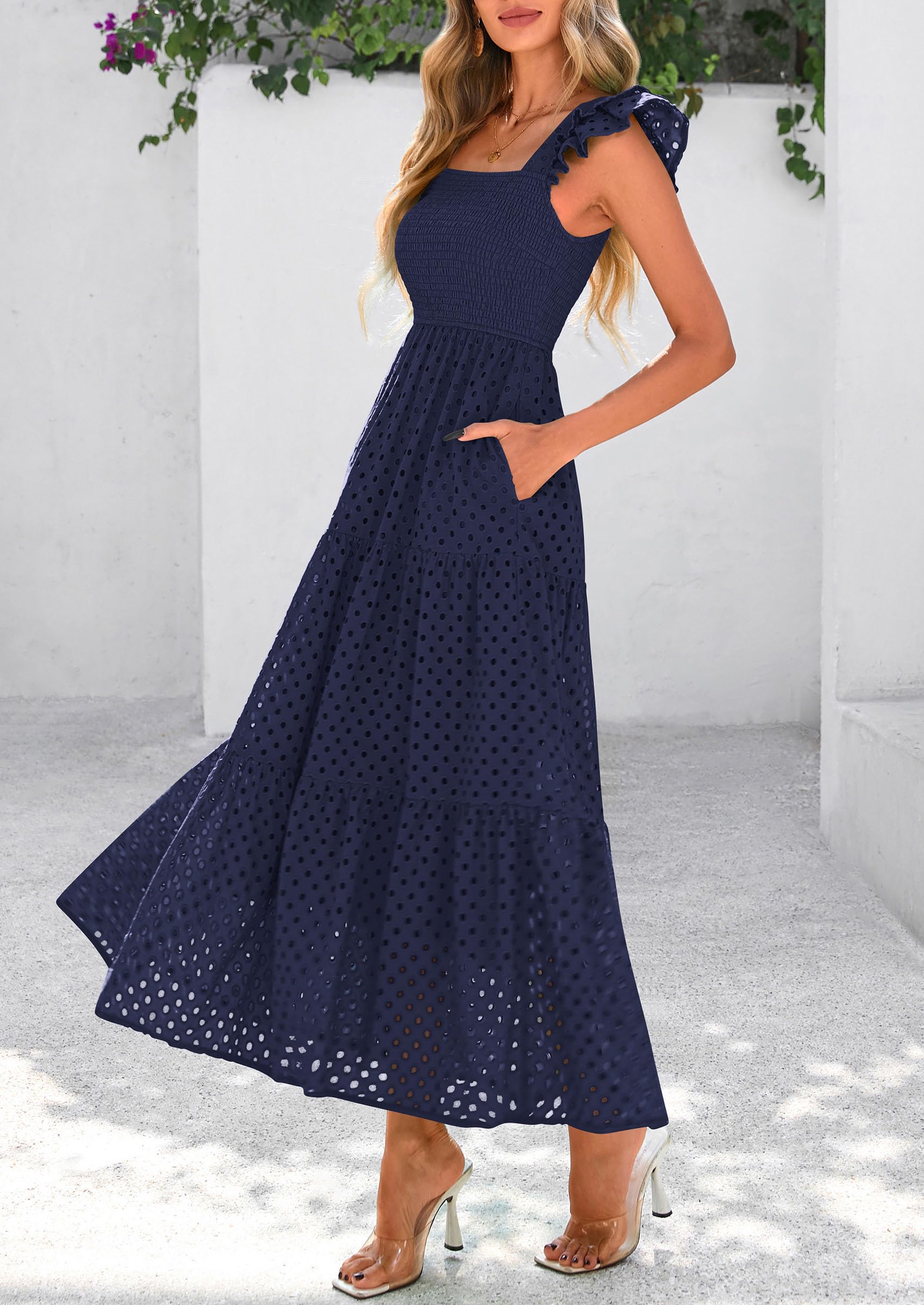 PRETTYGARDEN Womens Square Neck Maxi Dresses Cap Sleeve Eyelet Smocked Tiered A Line Flowy Long Dress with Pockets