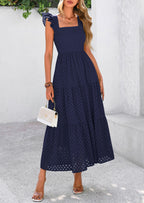 PRETTYGARDEN Womens Square Neck Maxi Dresses Cap Sleeve Eyelet Smocked Tiered A Line Flowy Long Dress with Pockets