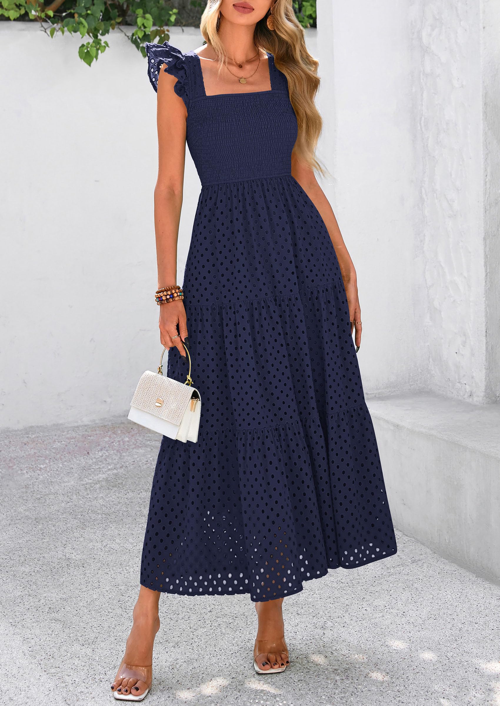 PRETTYGARDEN Womens Square Neck Maxi Dresses Cap Sleeve Eyelet Smocked Tiered A Line Flowy Long Dress with Pockets