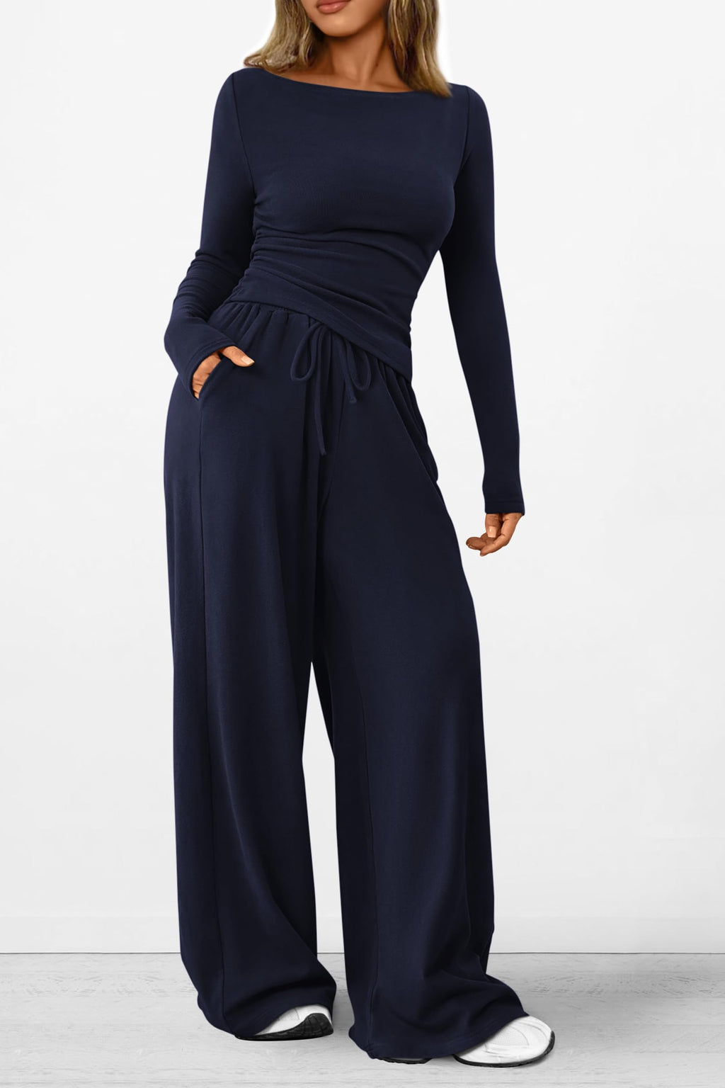 PRETTYGARDEN Women's 2 Piece Lounge Sets Asymmetrical Long Sleeve T Shirt Wide Leg Pants Casual Outfits Tracksuit