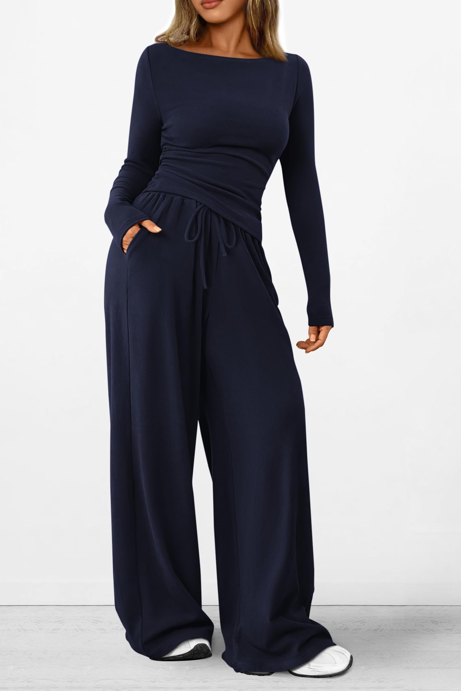 PRETTYGARDEN Women's 2 Piece Lounge Sets Asymmetrical Long Sleeve T Shirt Wide Leg Pants Casual Outfits Tracksuit