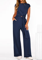 PRETTYGARDEN 2 Piece Matching Lounge Sets For Women Summer Short Sleeve Tie Front Crop Tops Casual Wide Leg Pants Tracksuit