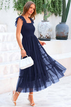 PRETTYGARDEN Women's Tulle Midi Dress Sleeveless Smocked Ruffle Mesh Flowy Dresses Party Wedding Guest Sundress
