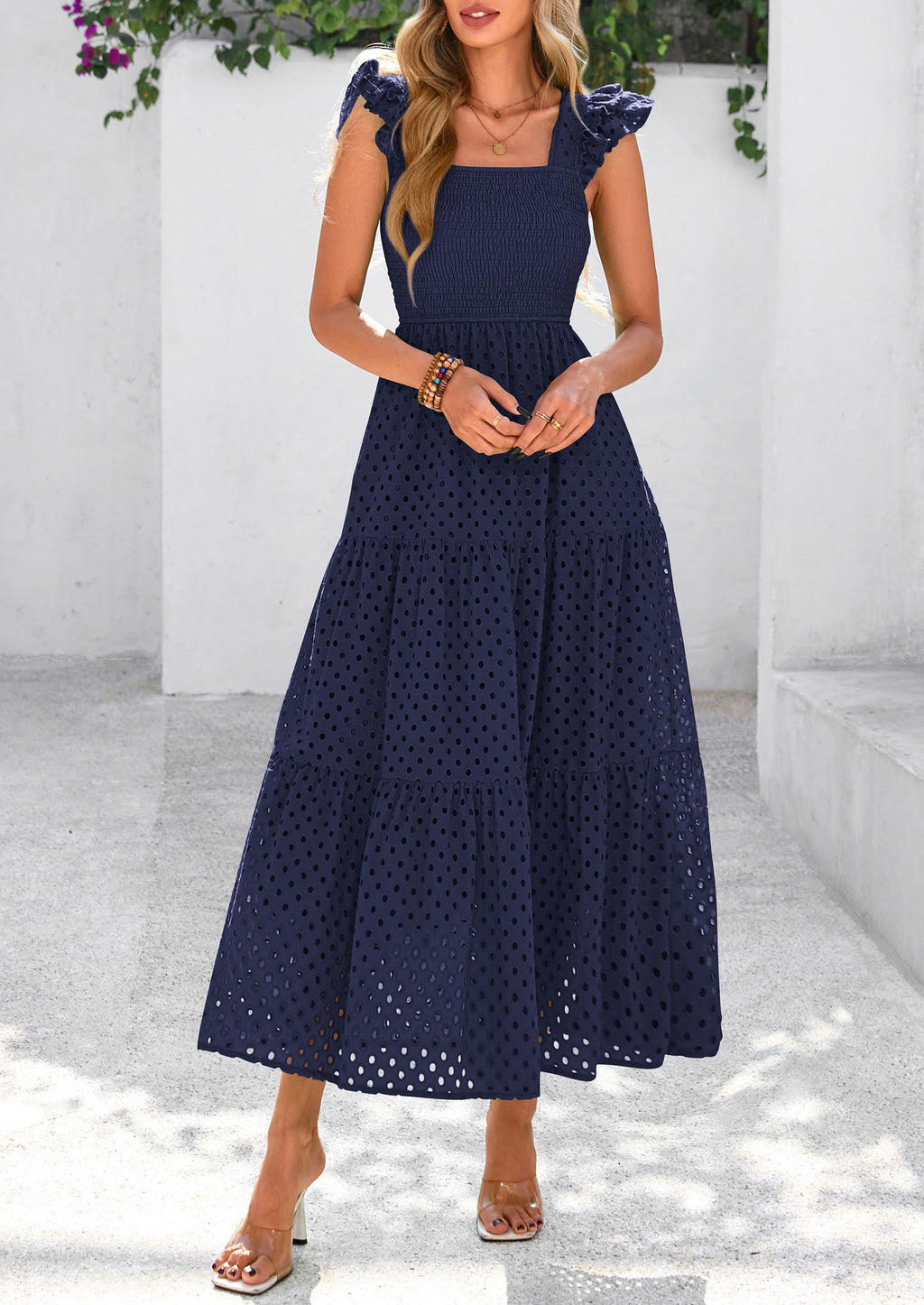 PRETTYGARDEN Womens Square Neck Maxi Dresses Cap Sleeve Eyelet Smocked Tiered A Line Flowy Long Dress with Pockets