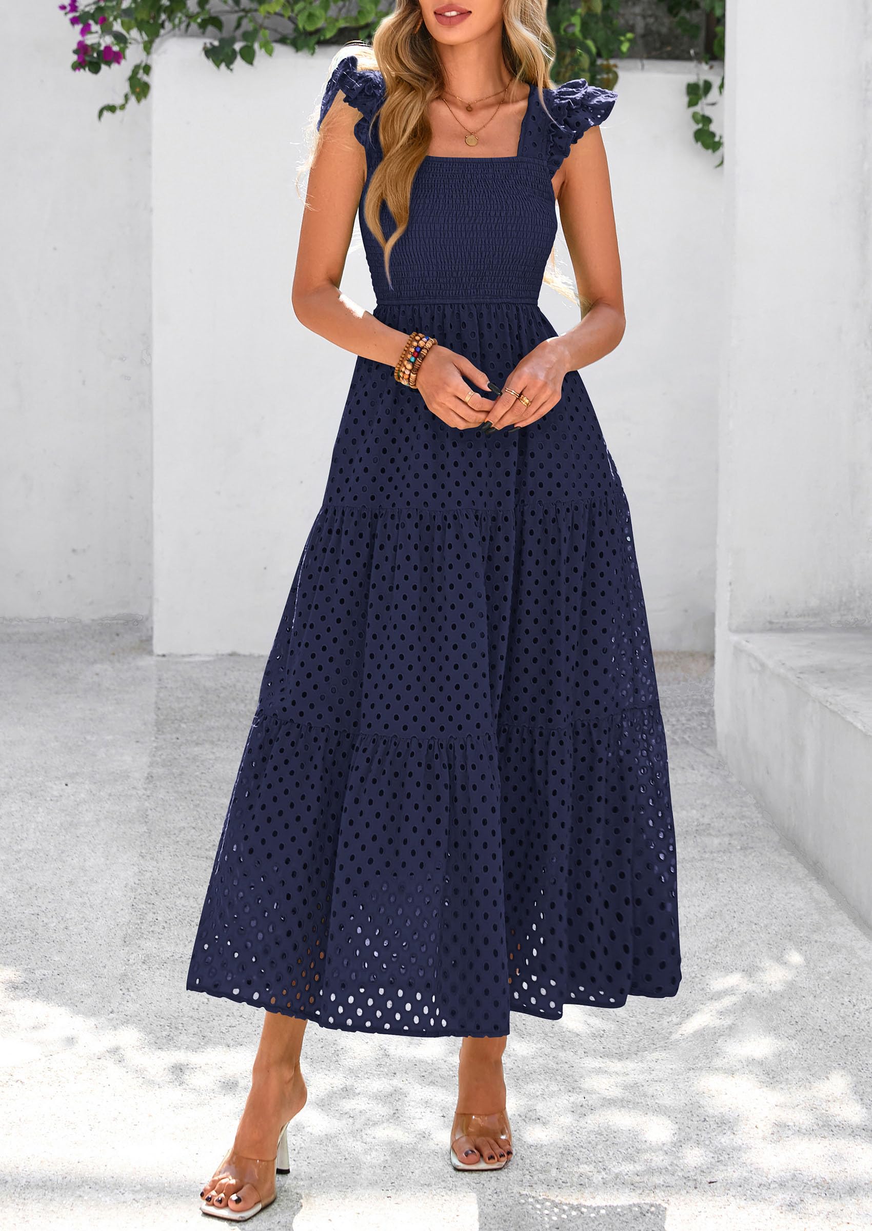 PRETTYGARDEN Womens Square Neck Maxi Dresses Cap Sleeve Eyelet Smocked Tiered A Line Flowy Long Dress with Pockets