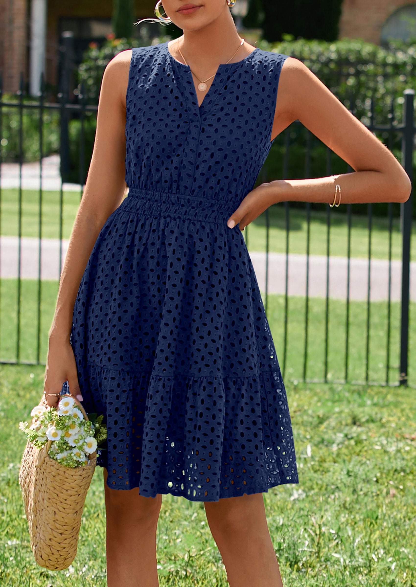 PRETTYGARDEN Women's Summer Dresses Sleeveless V Neck Eyelet Hollow Out Swing A Line Beach Vacation Sun Dress