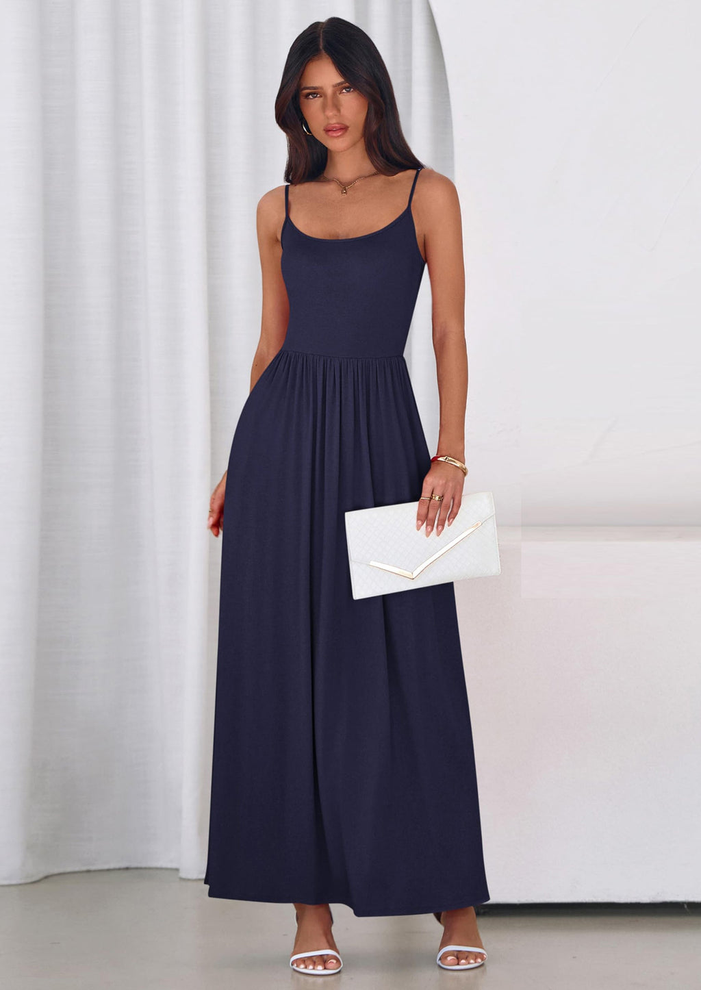 PRETTYGARDEN Womens Spaghetti Strap Maxi Dresses Sleeveless Summer Dress Long Casual Knit Flowy Beach Sundresses with Pockets
