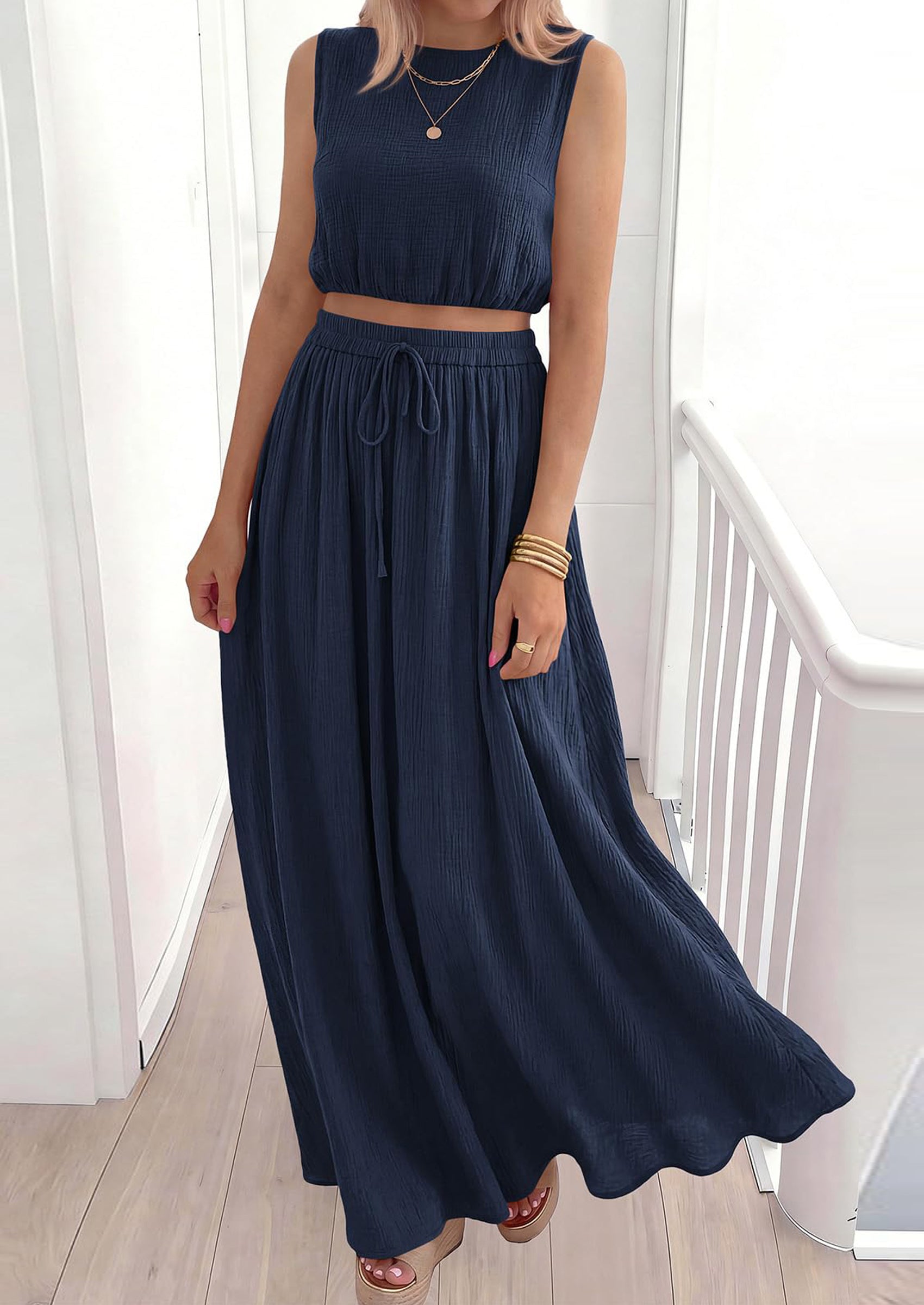 PRETTYGARDEN 2 Piece Sets for Women Summer Outfits Fashion Cotton Sleeveless Crop Top Long Maxi Skirt Set with Pockets