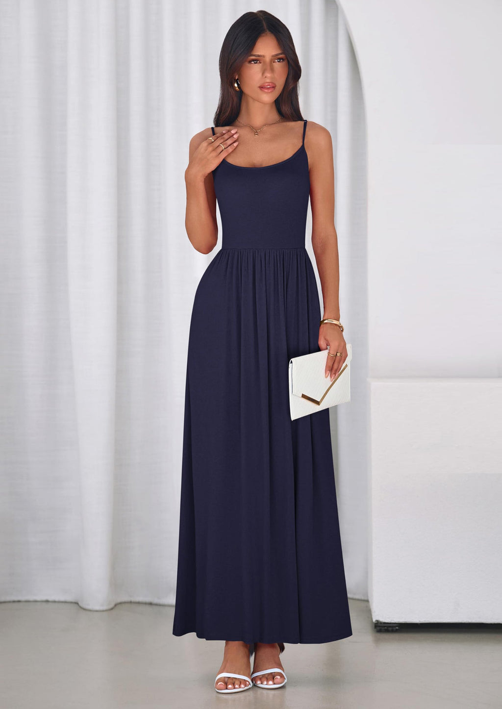 PRETTYGARDEN Womens Spaghetti Strap Maxi Dresses Sleeveless Summer Dress Long Casual Knit Flowy Beach Sundresses with Pockets