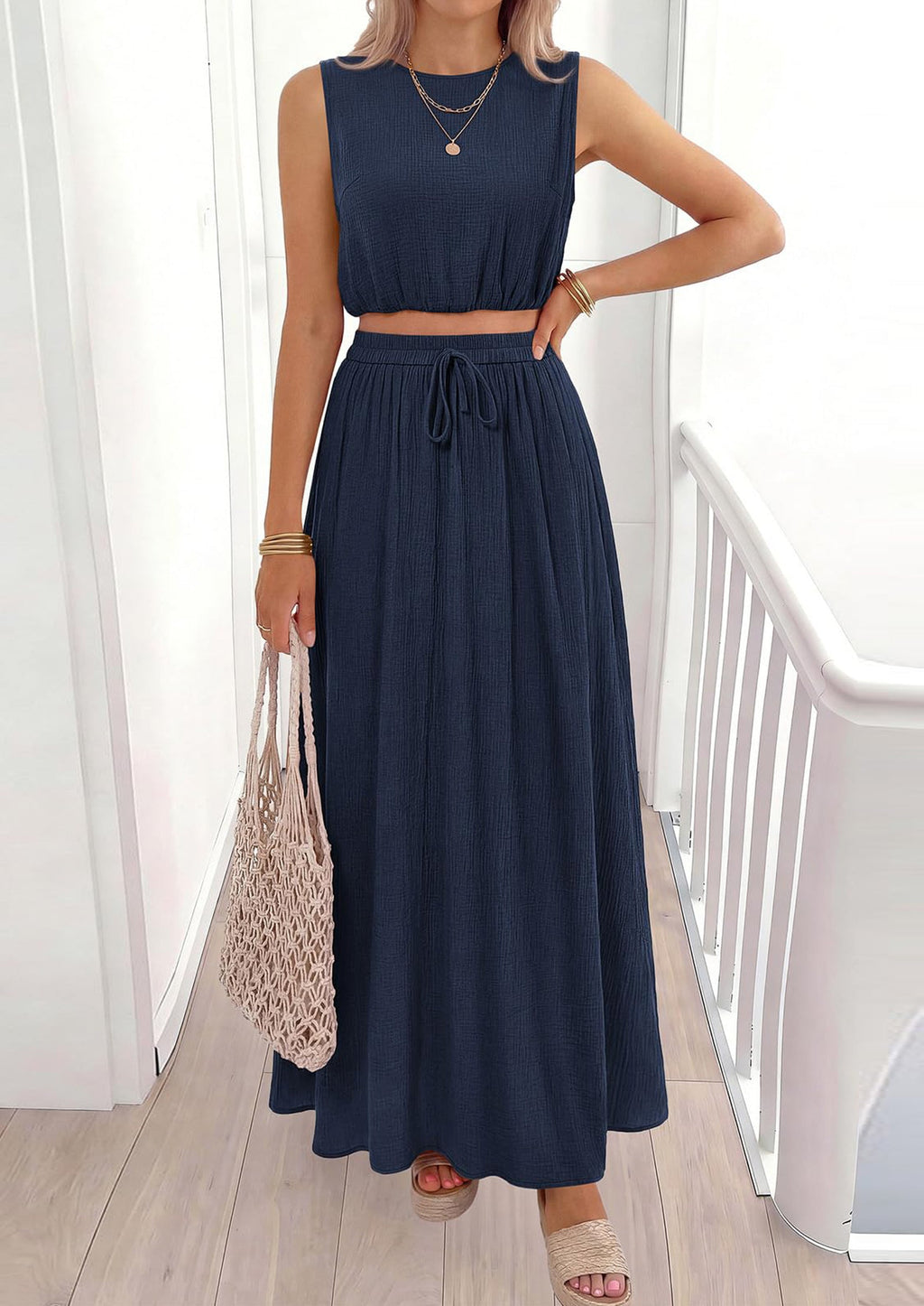 PRETTYGARDEN 2 Piece Sets for Women Summer Outfits Fashion Cotton Sleeveless Crop Top Long Maxi Skirt Set with Pockets