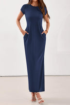PRETTYGARDEN Womens Summer Maxi Dresses Casual Short Sleeve Crewneck Knit Slit T Shirt Dress Spring Long Beach Sundress