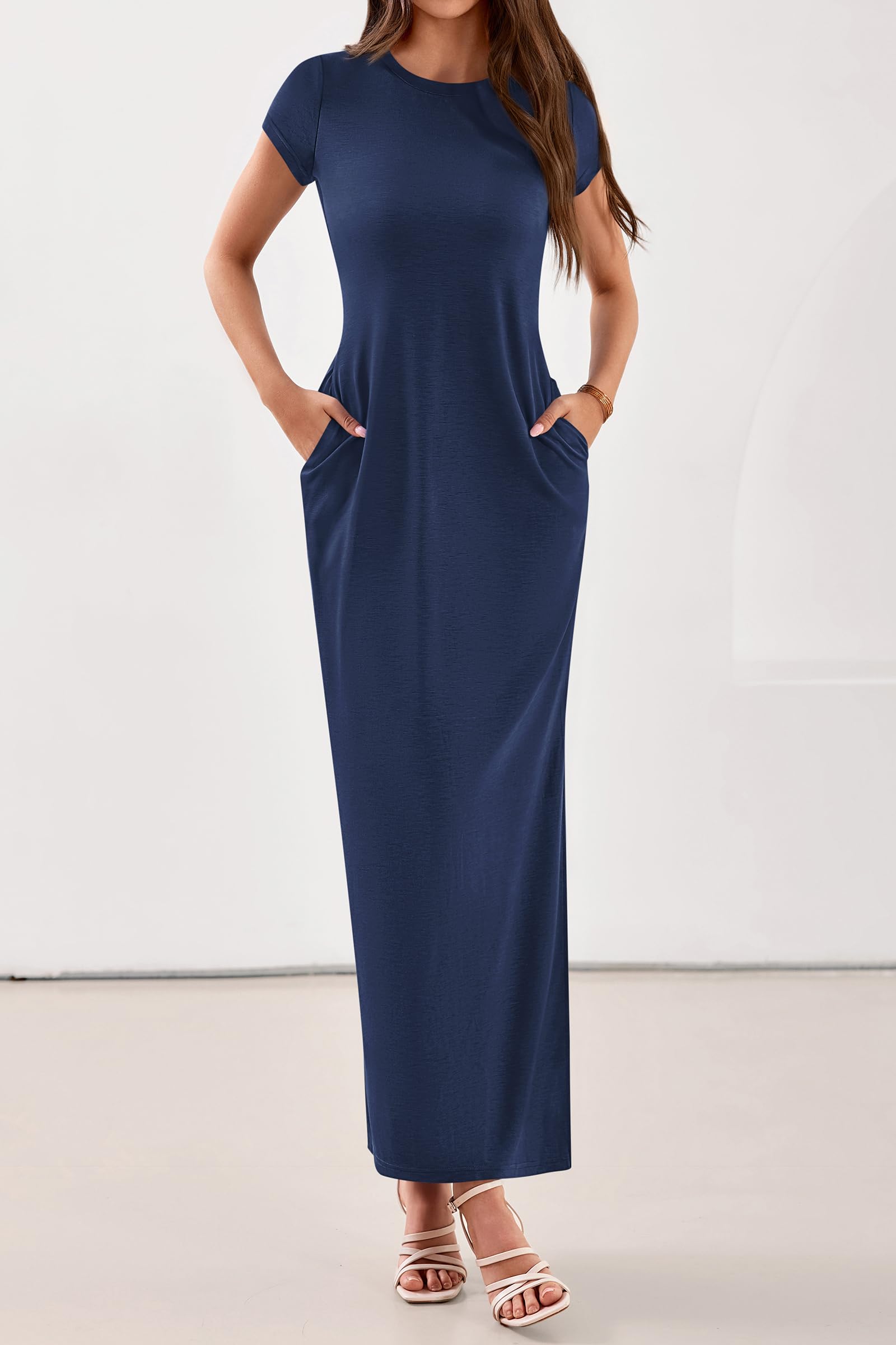 PRETTYGARDEN Womens Summer Maxi Dresses Casual Short Sleeve Crewneck Knit Slit T Shirt Dress Spring Long Beach Sundress