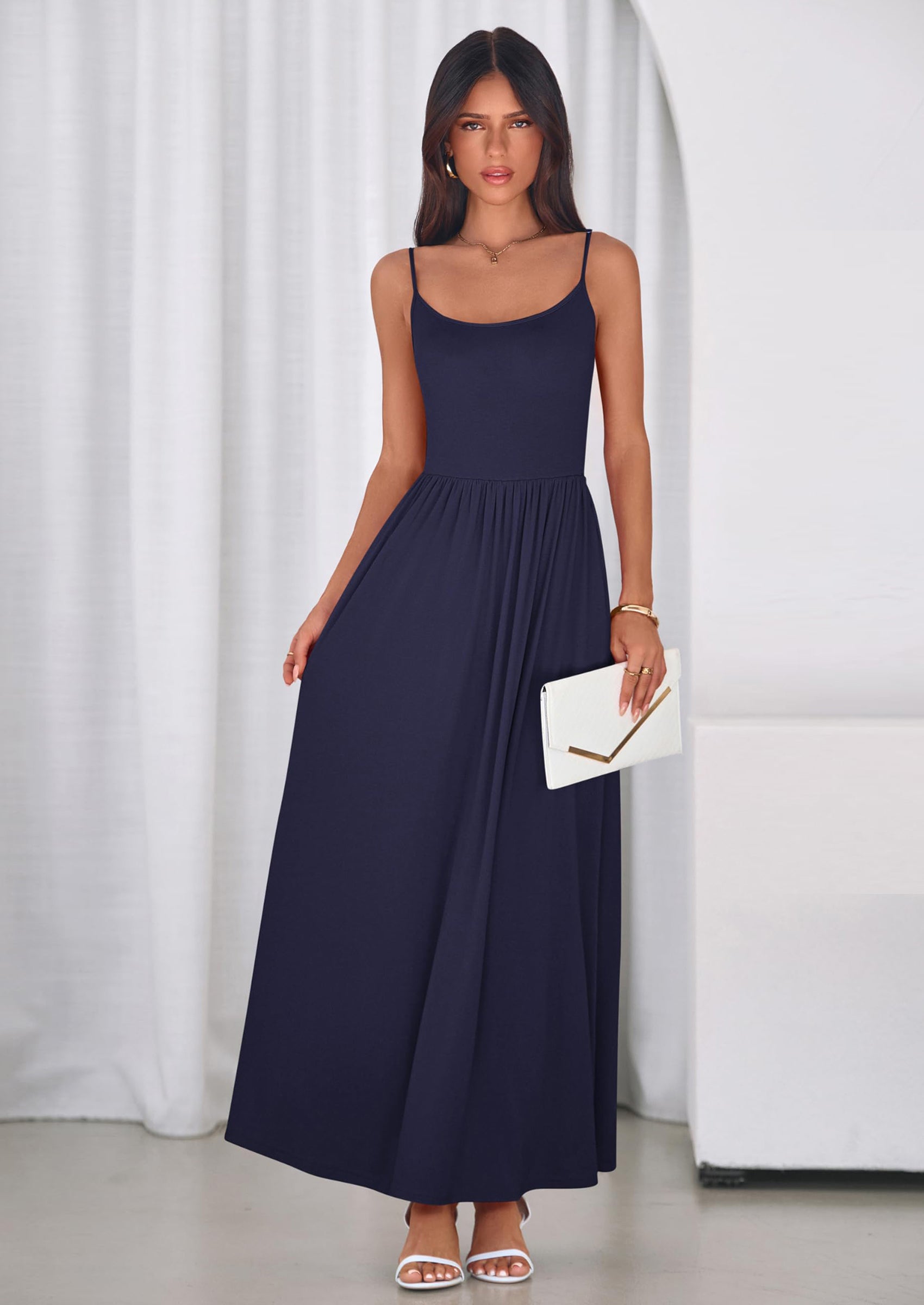 PRETTYGARDEN Womens Spaghetti Strap Maxi Dresses Sleeveless Summer Dress Long Casual Knit Flowy Beach Sundresses with Pockets
