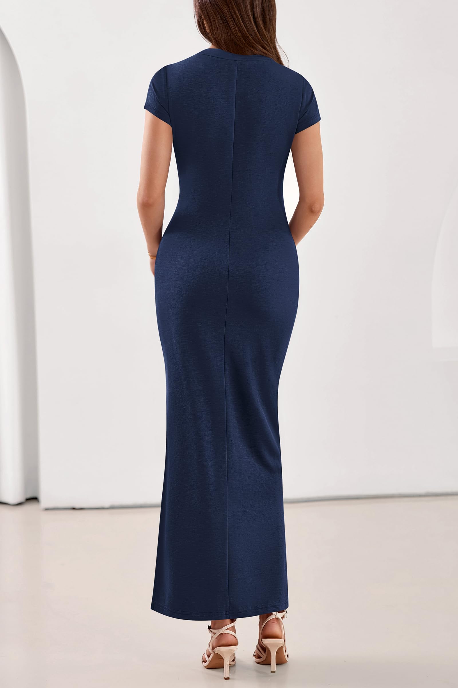 PRETTYGARDEN Womens Summer Maxi Dresses Casual Short Sleeve Crewneck Knit Slit T Shirt Dress Spring Long Beach Sundress
