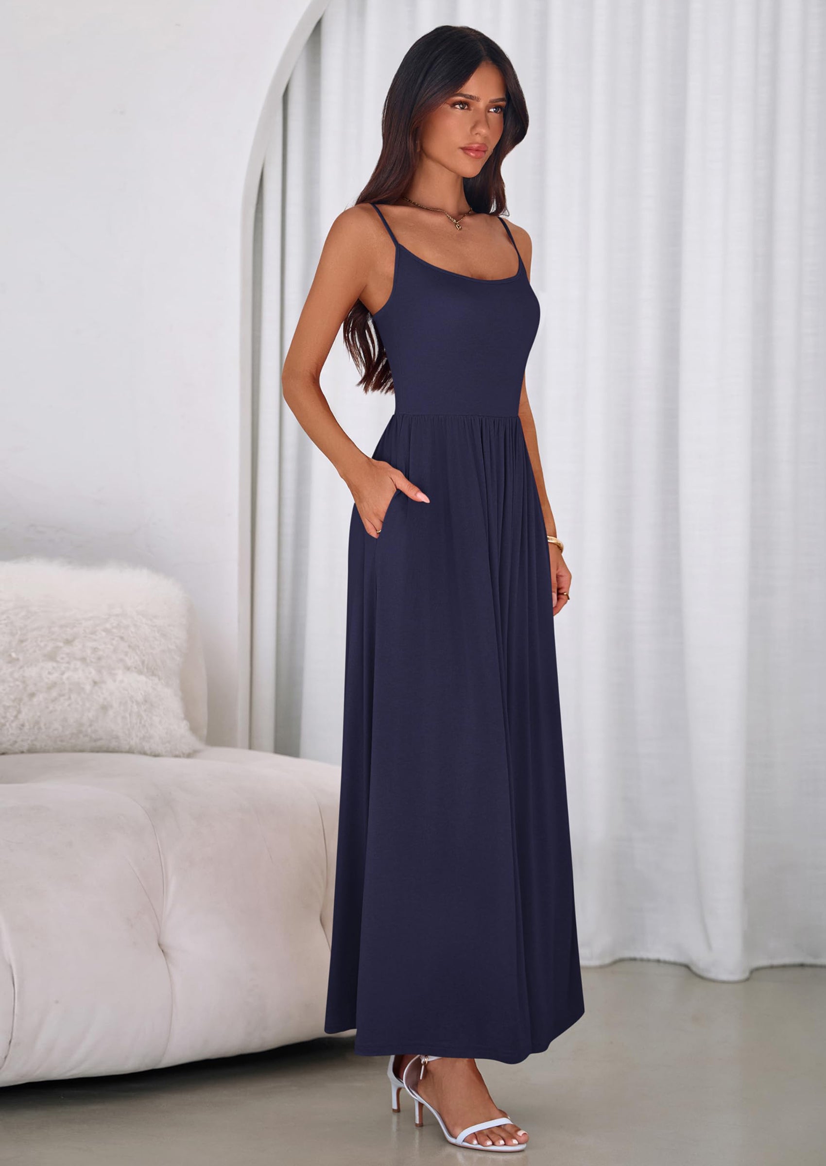 PRETTYGARDEN Womens Spaghetti Strap Maxi Dresses Sleeveless Summer Dress Long Casual Knit Flowy Beach Sundresses with Pockets