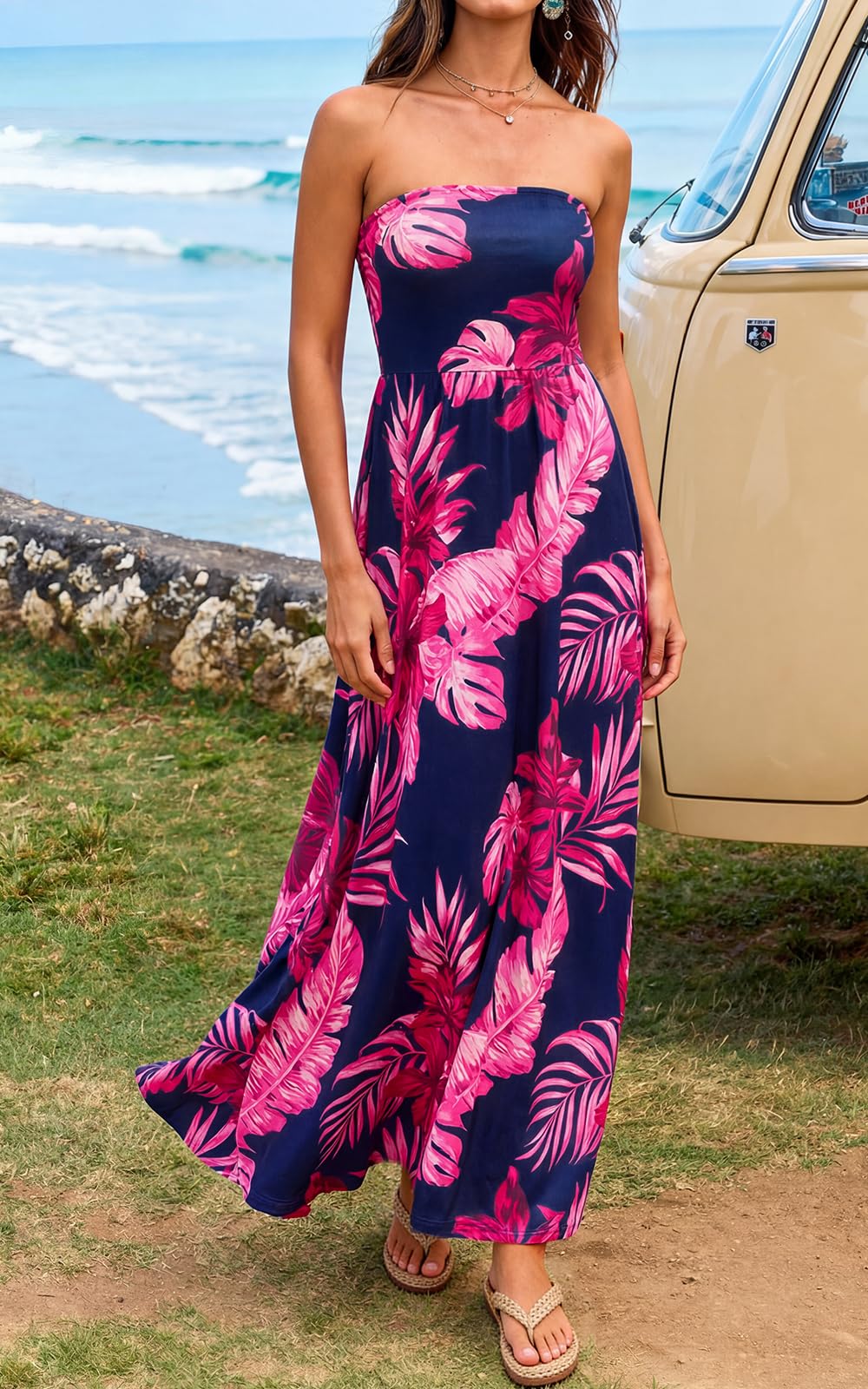 PRETTYGARDEN Sleeveless Floral Summer Maxi Dresses for Women Tube Top Flowy Long Dress Tropical Beach Vacation Clothes