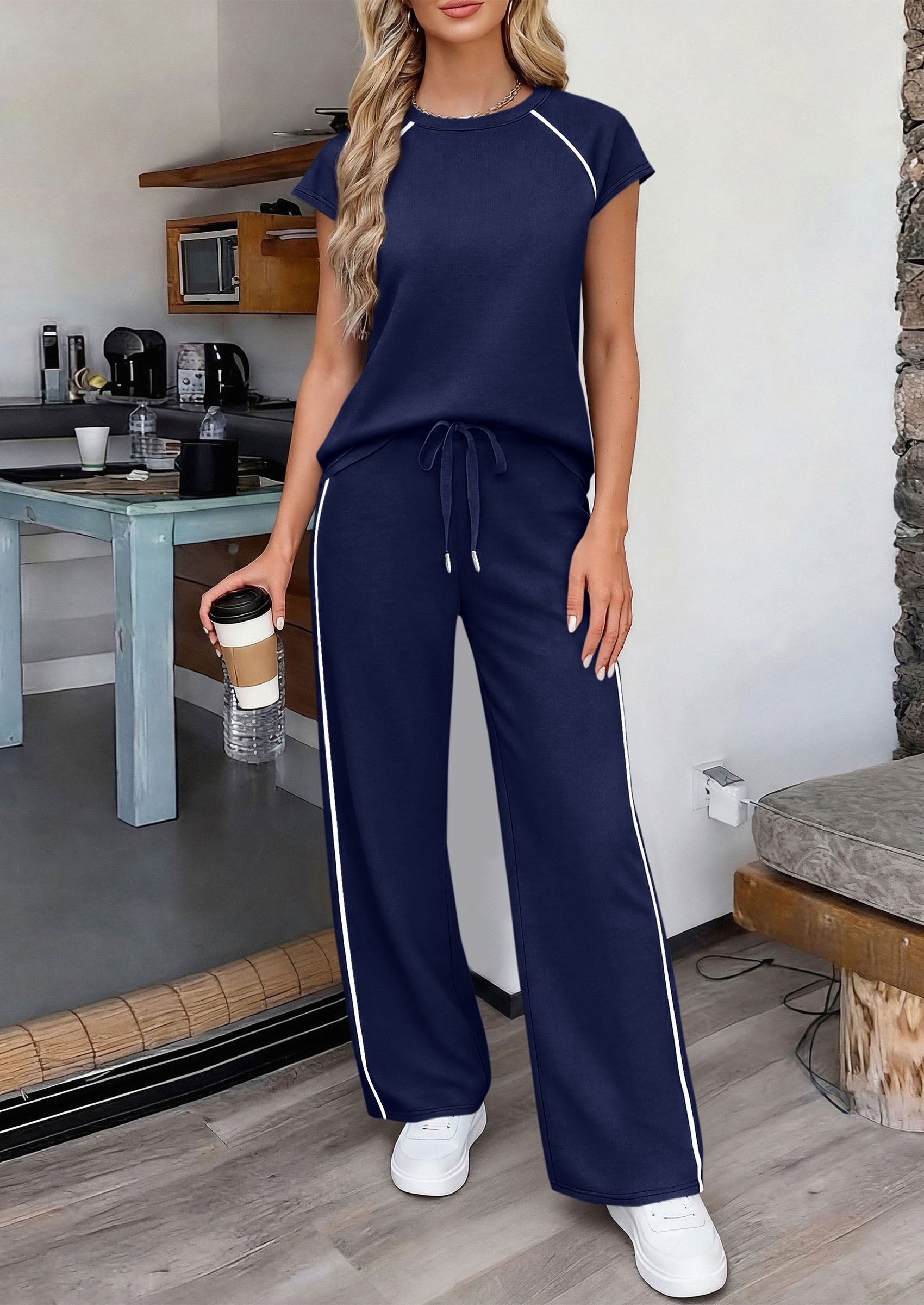 PRETTYGARDEN Women's 2 Piece Lounge Sets Summer Cap Sleeve Tops Wide Leg Pants Travel Outfits Matching Fashion Clothing
