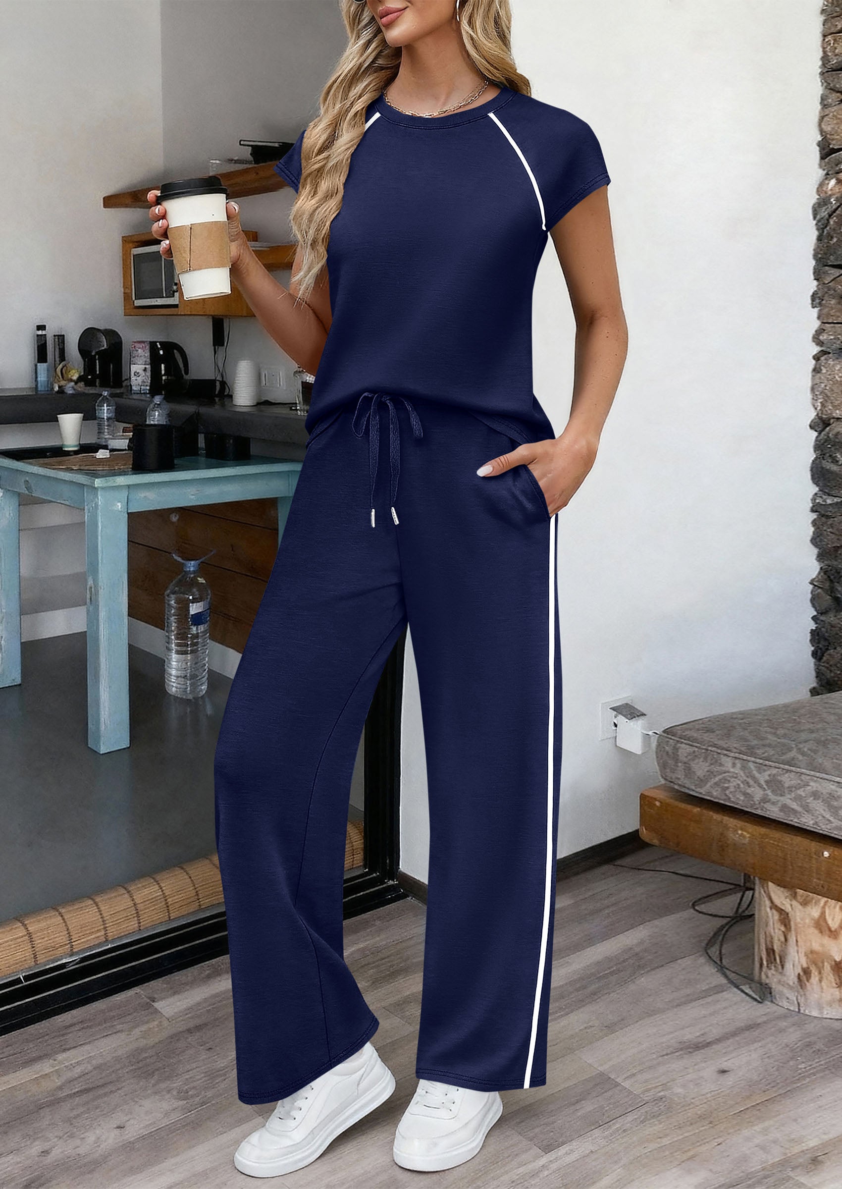 PRETTYGARDEN Women's 2 Piece Lounge Sets Summer Cap Sleeve Tops Wide Leg Pants Travel Outfits Matching Fashion Clothing