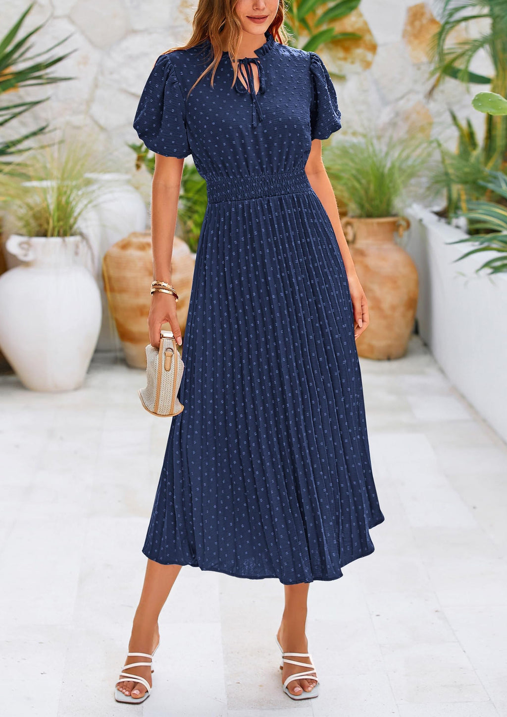 PRETTYGARDEN Womens Midi Dresses Puff Short Sleeve V Neck Swiss Dot Pleated A Line Flowy Long Wedding Guest Dress
