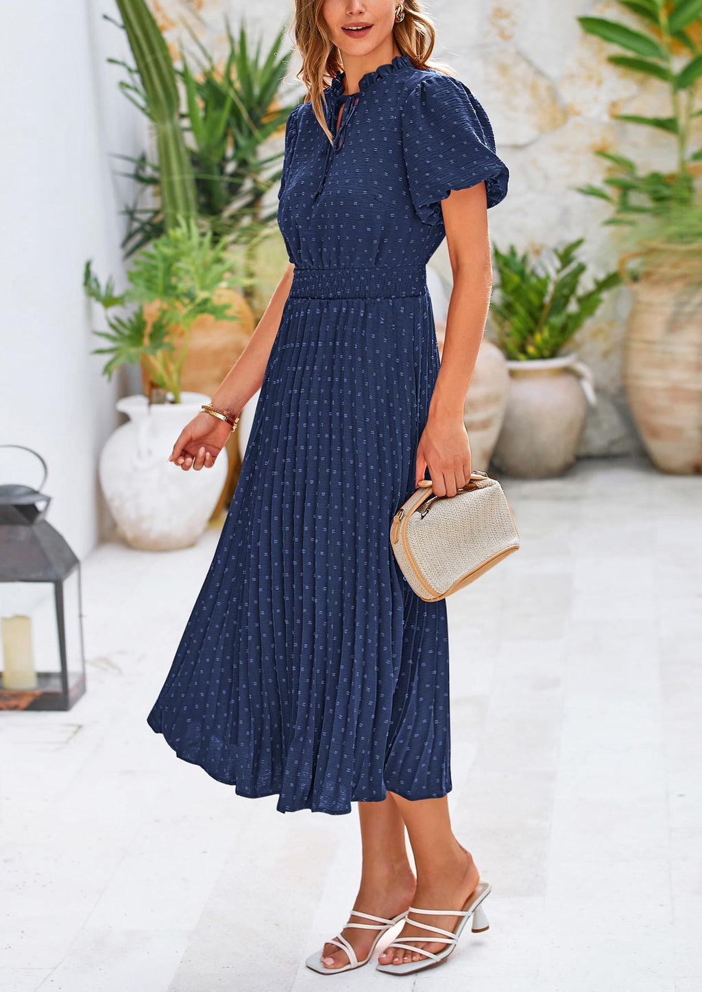 PRETTYGARDEN Womens Midi Dresses Puff Short Sleeve V Neck Swiss Dot Pleated A Line Flowy Long Wedding Guest Dress