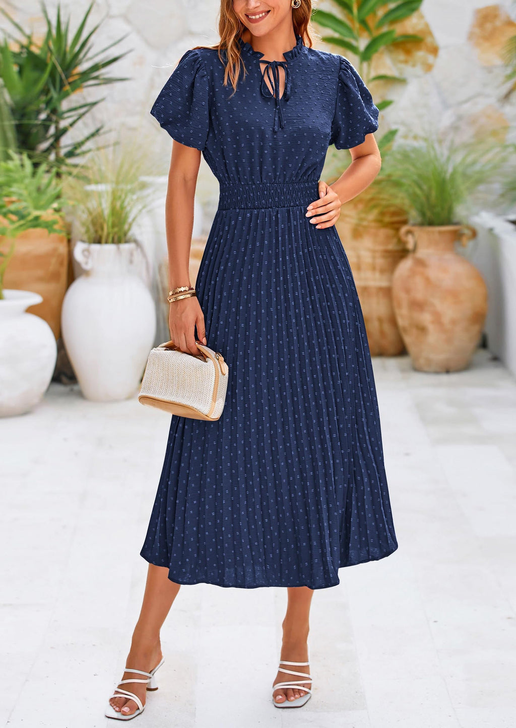 PRETTYGARDEN Womens Midi Dresses Puff Short Sleeve V Neck Swiss Dot Pleated A Line Flowy Long Wedding Guest Dress