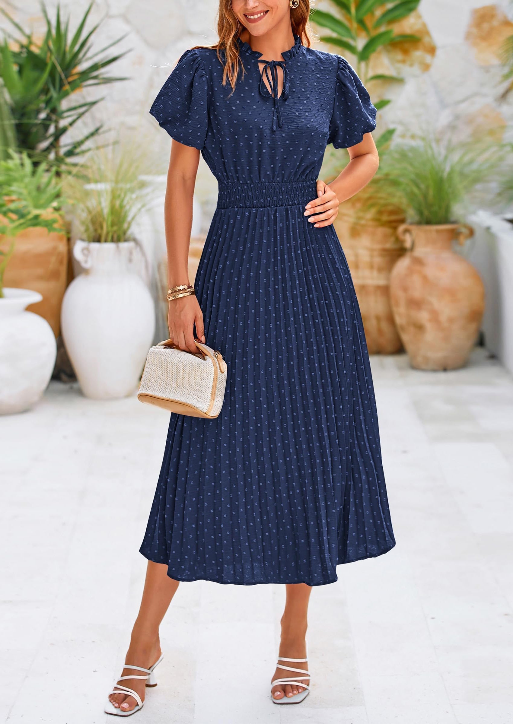 PRETTYGARDEN Womens Midi Dresses Puff Short Sleeve V Neck Swiss Dot Pleated A Line Flowy Long Wedding Guest Dress