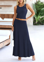 PRETTYGARDEN 2 Piece Maxi Skirt Sets Casual Knit Cropped Tank Top High Waisted Long Skirts Outfit