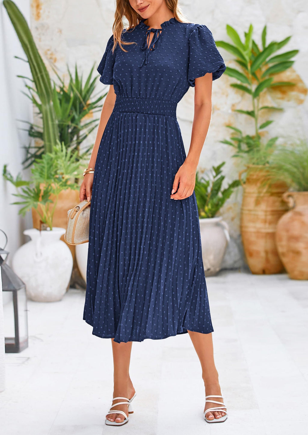 PRETTYGARDEN Womens Midi Dresses Puff Short Sleeve V Neck Swiss Dot Pleated A Line Flowy Long Wedding Guest Dress