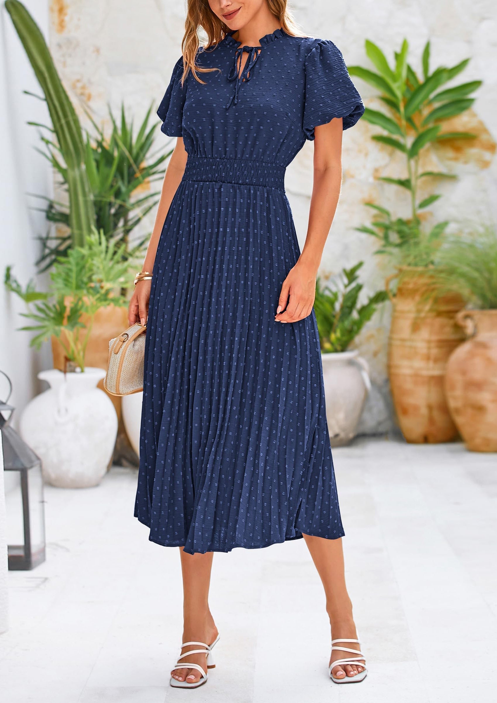 PRETTYGARDEN Womens Midi Dresses Puff Short Sleeve V Neck Swiss Dot Pleated A Line Flowy Long Wedding Guest Dress