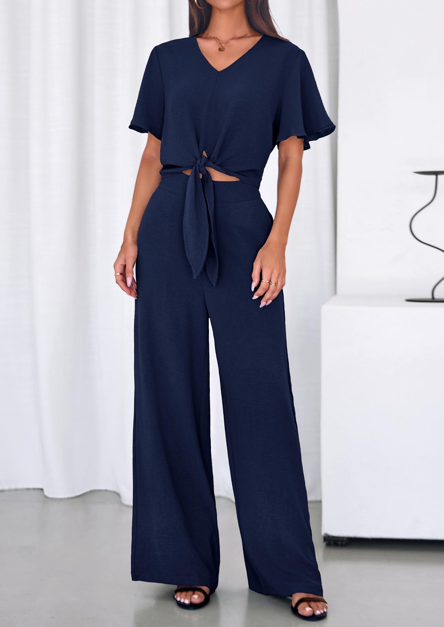PRETTYGARDEN Women 2 Piece Summer Outfits Short Sleeve Strappy Top Wide Leg Pants Tracksuit Lounge Sets Beach Clothes
