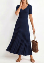 PRETTYGARDEN Women's Spring Midi Sweater Dresses Elegant Pleated Ribbed Knit Short Sleeve V Neck A Line Summer Outfits