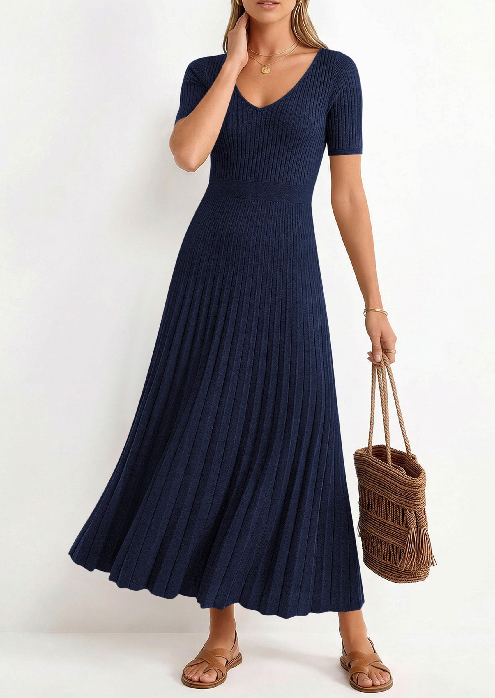 PRETTYGARDEN Women's Spring Midi Sweater Dresses Elegant Pleated Ribbed Knit Short Sleeve V Neck A Line Summer Outfits