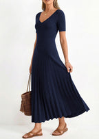 PRETTYGARDEN Women's Spring Midi Sweater Dresses Elegant Pleated Ribbed Knit Short Sleeve V Neck A Line Summer Outfits