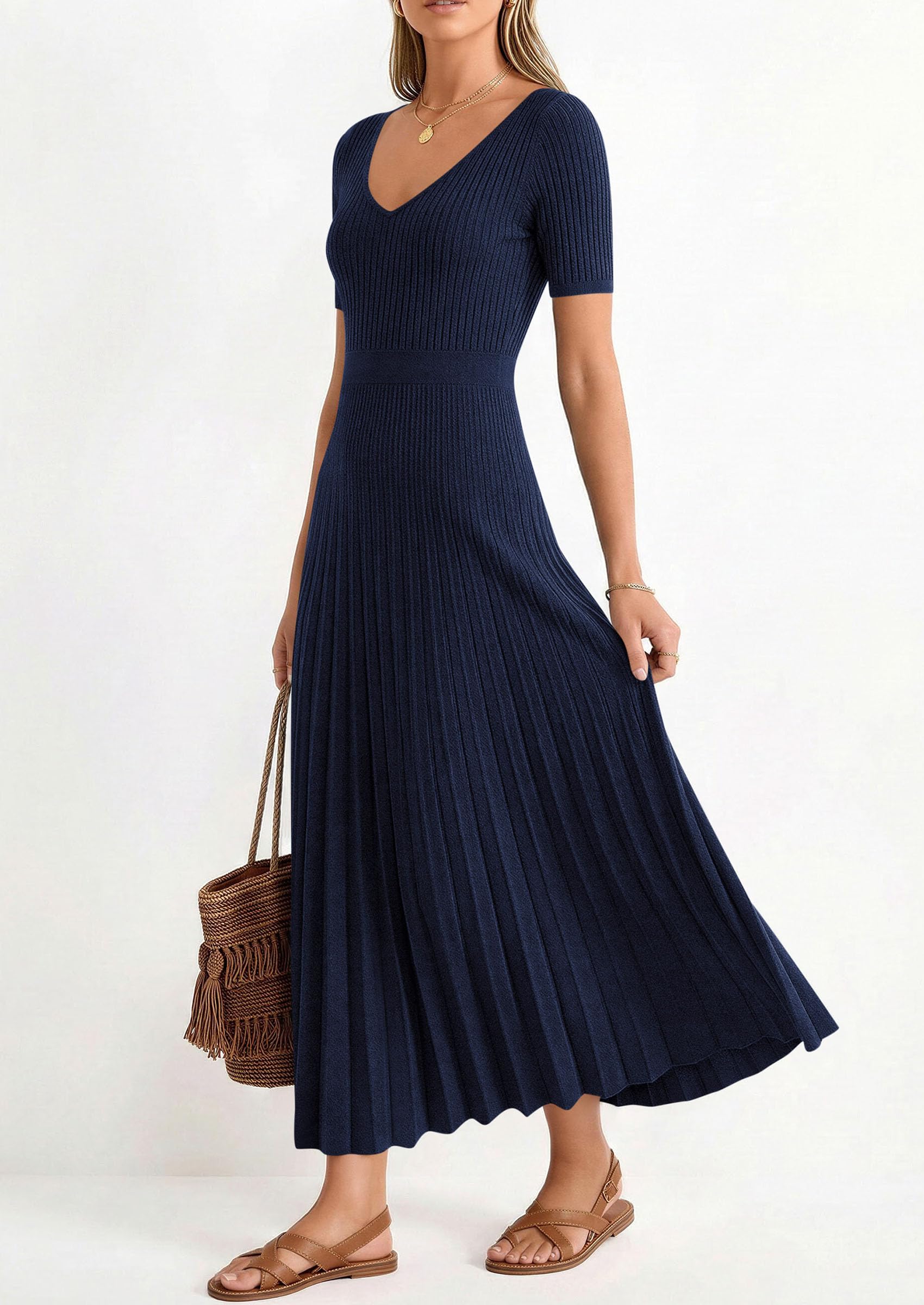 PRETTYGARDEN Women's Spring Midi Sweater Dresses Elegant Pleated Ribbed Knit Short Sleeve V Neck A Line Summer Outfits