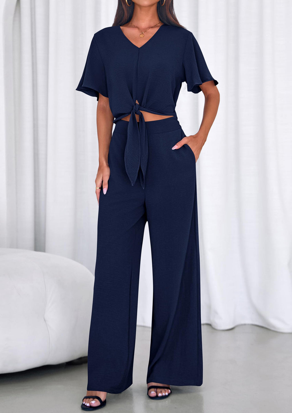 PRETTYGARDEN Women 2 Piece Summer Outfits Short Sleeve Strappy Top Wide Leg Pants Tracksuit Lounge Sets Beach Clothes