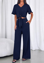 PRETTYGARDEN Women 2 Piece Summer Outfits Short Sleeve Strappy Top Wide Leg Pants Tracksuit Lounge Sets Beach Clothes