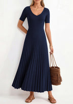 PRETTYGARDEN Women's Spring Midi Sweater Dresses Elegant Pleated Ribbed Knit Short Sleeve V Neck A Line Summer Outfits
