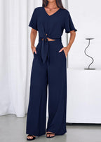 PRETTYGARDEN Women 2 Piece Summer Outfits Short Sleeve Strappy Top Wide Leg Pants Tracksuit Lounge Sets Beach Clothes
