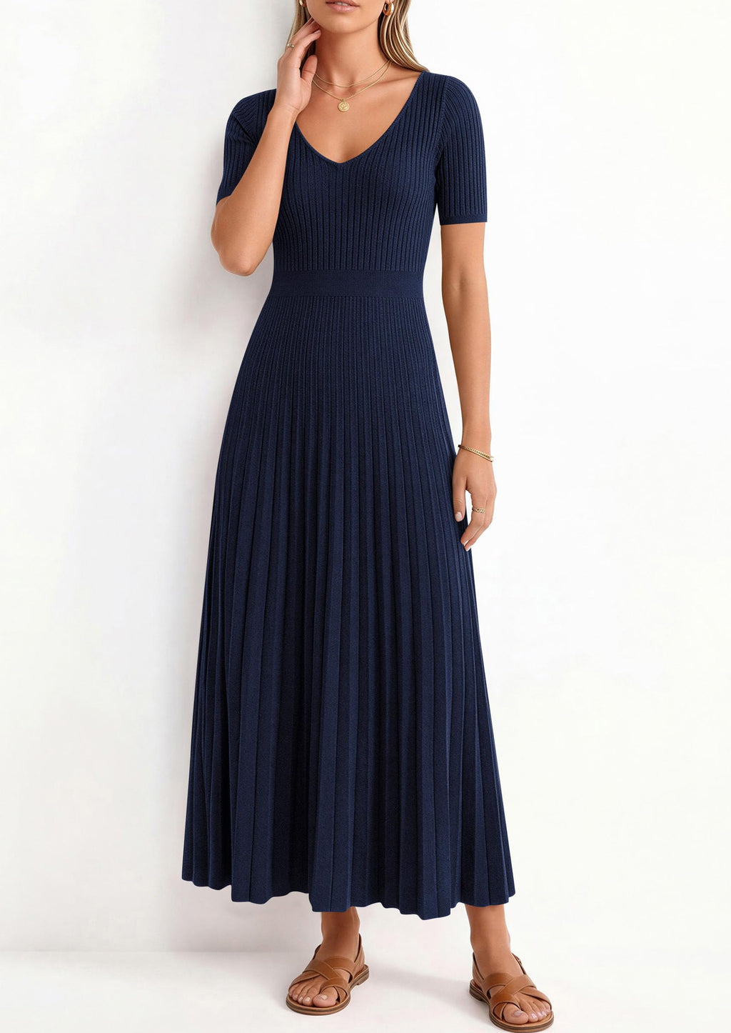 PRETTYGARDEN Women's Spring Midi Sweater Dresses Elegant Pleated Ribbed Knit Short Sleeve V Neck A Line Summer Outfits