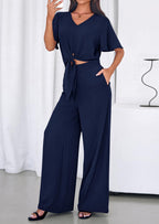 PRETTYGARDEN Women 2 Piece Summer Outfits Short Sleeve Strappy Top Wide Leg Pants Tracksuit Lounge Sets Beach Clothes
