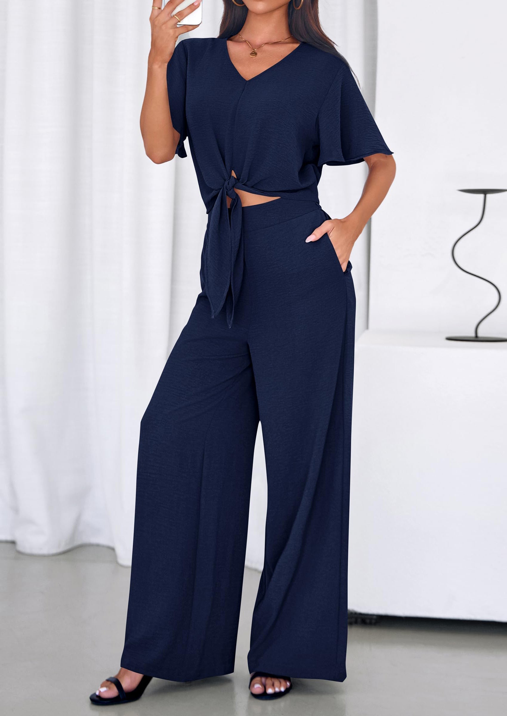 PRETTYGARDEN Women 2 Piece Summer Outfits Short Sleeve Strappy Top Wide Leg Pants Tracksuit Lounge Sets Beach Clothes